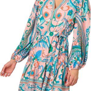 Women's Printed Short Dress Viscose Vintage Mandarín Collar Bishop Sleeves